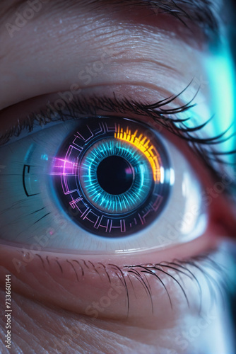 A close-up of a human eye with a futuristic cybernetic implant on iris, glowing with digital overlays and neon lights, evoking a sense of advanced technology and surveillance