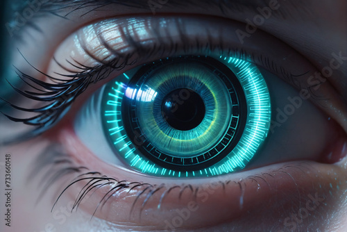 A close-up of a human eye with a futuristic cybernetic implant on iris, glowing with digital overlays and neon lights, evoking a sense of advanced technology and surveillance