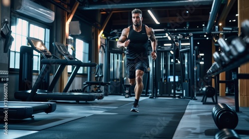 Muscular athlete in motion, sprinting with power and focus during an intense workout in a well-equipped gym.