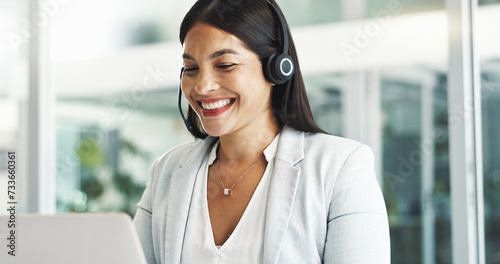 Business woman, call center consultant and laptop for customer service, support or advice in office. Professional Mexican advisor or happy agent in headphones for contact us or e commerce on computer