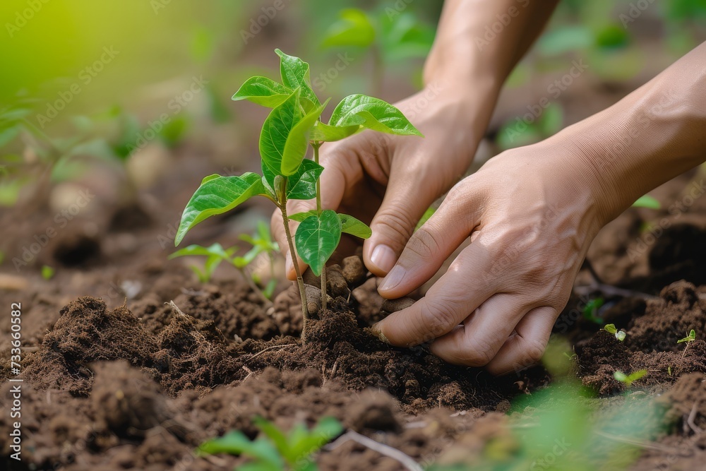 Hands nurturing a small plant sapling in the sunlight, symbolizing growth. Hands nurturing a small plant sapling in the sunlight, symbolizing growth.