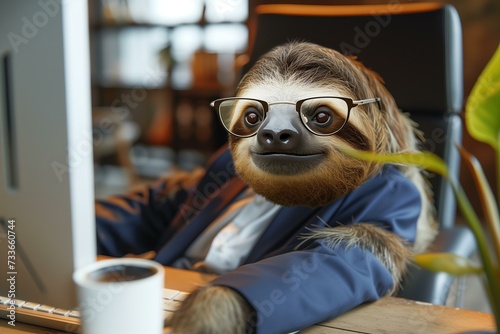 anthropomorphic sloth wearing glasses and a suit behind a computer screen at the office, close up