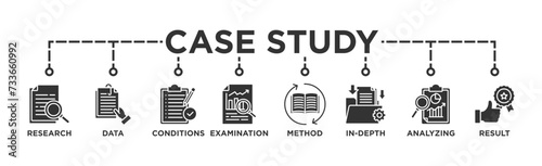 Case study banner web icon vector illustration concept with icon of research, data, conditions, examination, method, in-depth, analyzing, and result