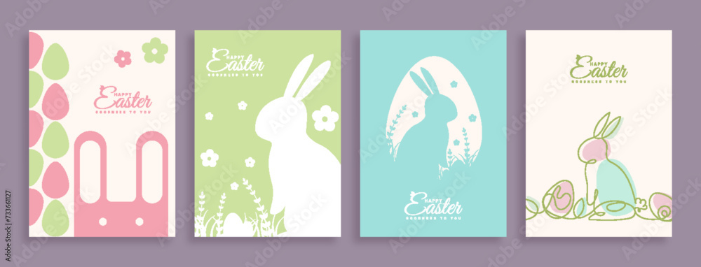 Joyful Easter greetings! Contemporary geometric abstract grace this collection of vector Easter illustrations, featuring Easter eggs and rabbits. Ideal for posters, covers, or postcards.