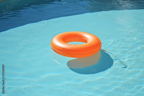 Bright orange pool ring floating on calm blue swimming pool water.