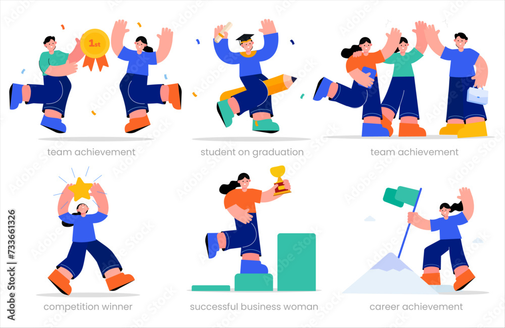 Achievement set. team achievement, student on graduation, team achievement, competition winner, successful business woman, career achievement. vector illustration Achievement set. team achievement, student on graduation, team achievement, competition winner, successful business woman, career achievement. vector illustration