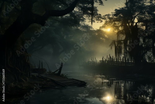 The quiet stillness of a bayou captured in the early morning mist.