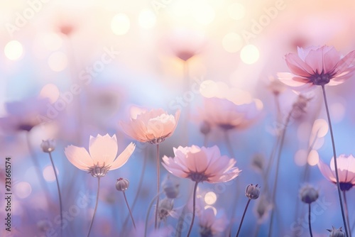 Cosmos flowers bathed in soft backlight creating a dreamy atmosphere.