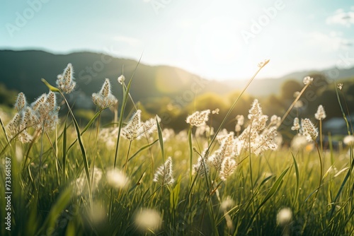 Gentle breeze through fluffy grass flowers in an idyllic countryside scene. photo