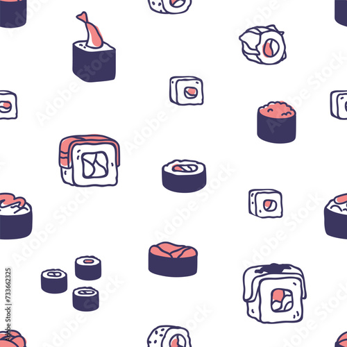 Japan sushi, seamless pattern. Japanese Asian food, endless background. Maki rolls, repeating print, texture design for packing, wrapping, package. Printable restaurant flat vector illustration