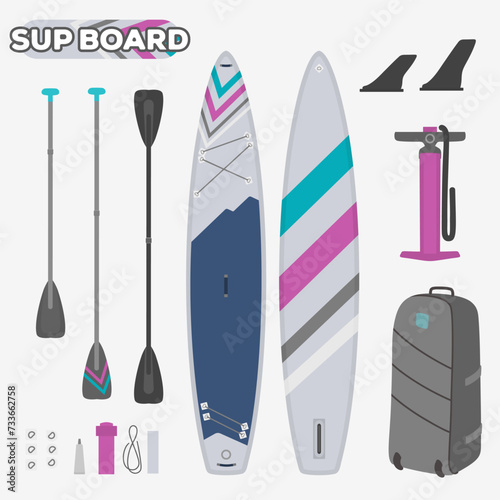 Set SUP board equipment. Paddle, pump, bag, board