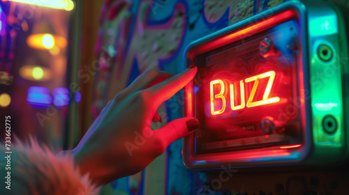 Buzz concept image with person hand touching a big buzzer button with written Buzz word photo