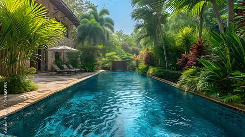 A large swimming pool surrounded by lounge chairs, umbrellas, and tropical plants.