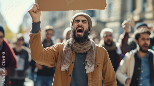 Arab Muslim man activist angry shouting for his cause among people demonstration protester