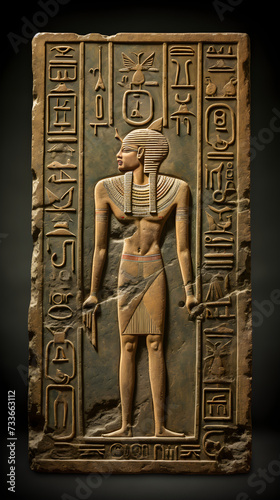 Ancient Hieroglyphic Wall Relief in Egyptian Art Portraying Pharaoh and Symbolic Inscriptions