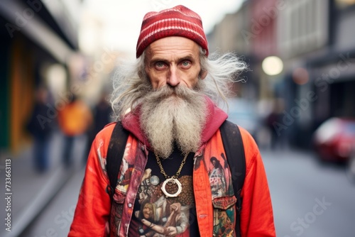 Portrait of an old man with long gray beard and mustache in a red jacket on a city street