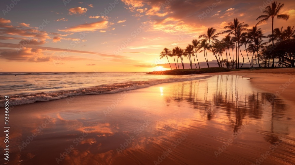 A breathtaking sunset view at a tropical beach, with waves gently lapping at the shore and palm trees reflecting on the wet sand. 