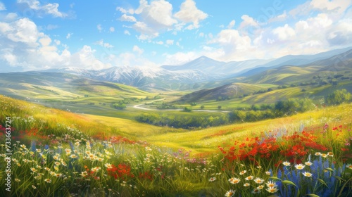 A sweeping view of a vibrant, flower-filled meadow with a winding road through rolling hills, leading to snow-capped mountains under a sunny sky. 
