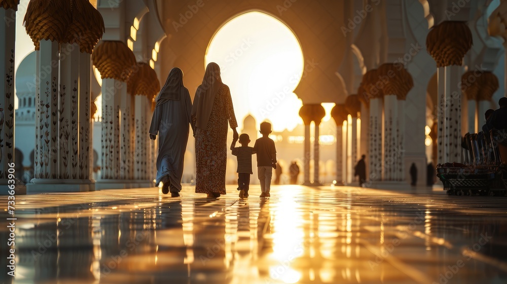 Walking in Faith: Embracing Muslim Culture and Tradition at Sunset, Spiritual Journeys: Exploring Islamic Faith and Tradition with Family at Sunset