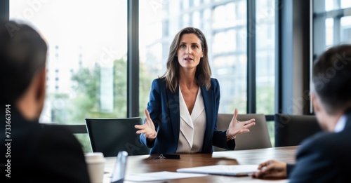 a boardroom setting, of a mature businesswoman confidently presenting her ideas to a group of attentive colleagues