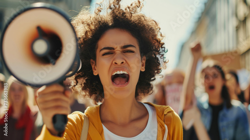 Female activist angry shouting for her cause among people demonstration protester © standret