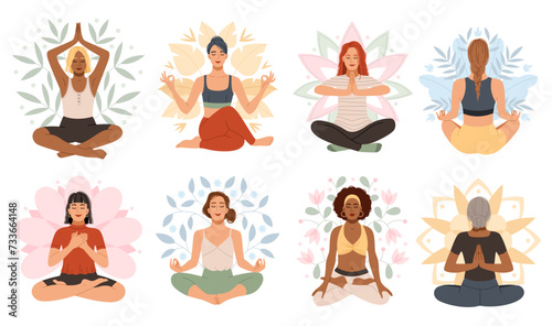 Happy meditate women. Yoga lotus position, sitting in asana, relaxed ladies, different auras elements, mandala leaves and flowers, peaceful cartoon flat style isolated tidy vector set