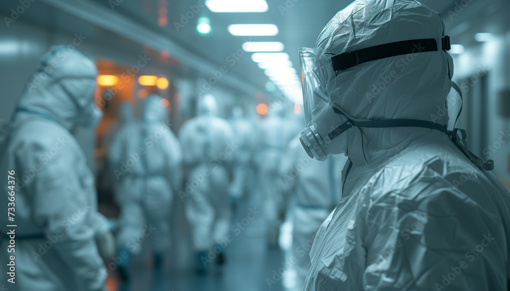 Obraz premium A team of doctors dressed in protective clothing during an epidemic. Security, medicine and healthcare concept
