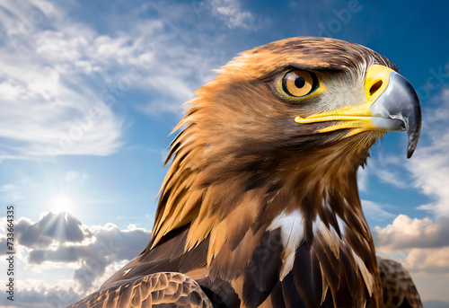 Retrato de perfil de águila real con cielo azul de fondo photo
