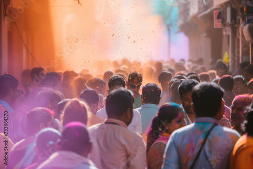 "Happy Holi" crowds of people are in the background with colorful powder, day sun light indian pop culture