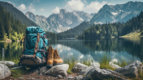 Fototapeta Naklejka Na Ścianę i Meble -  Backpack on the mountain and lake background. Scenic nature on mountain nobody, travel photo, selective focus