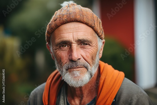 Portrait of an old man with gray beard and mustache in a knitted hat