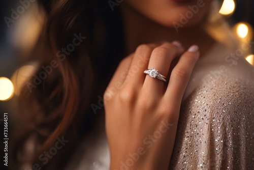 Photo of the ring finger with a luxurious engagement ring, with the girl's glowing face softly blurred