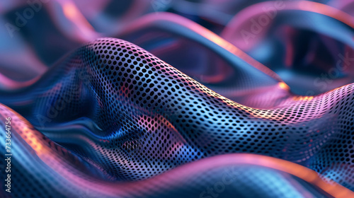 Macro photography, a close up view of a curvilinear parametric pattern, waves, flowing fabrics, nature-inspired shapes, highly reflective iridescent metal, pink and dark blue photo