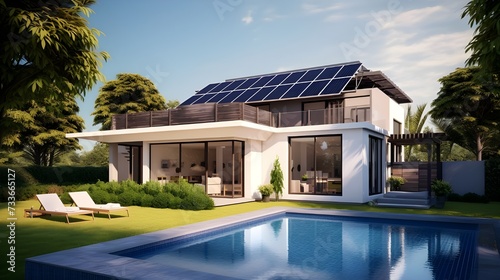 Solar panels installed on the roof of a house. Renewable energy concept. Sustainable and clean energy at home. 3d rendering of modern cozy house for sale or rent with beautiful background © Wasai