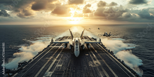 panoramic view of a generic military aircraft carrier ship with fighter jets take off during a special operation at a warzone photo