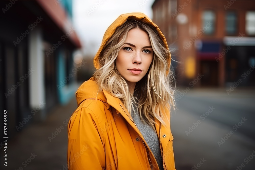 Portrait of a beautiful girl in a yellow coat on the street