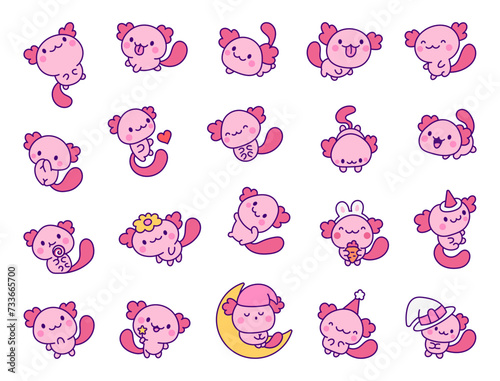 Cute kawaii axolotl. Cartoon funny animals characters. Hand drawn style. Vector drawing. Collection of design elements.