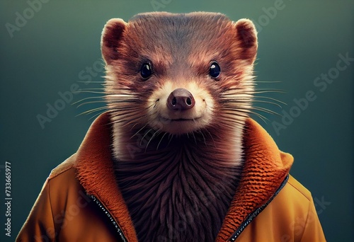 Portrait of a hipster mink dressed in a tracksuite, gradient background. Generative AI