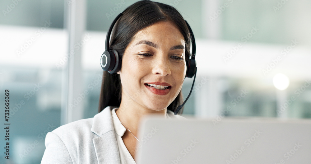 Business woman, consultant and call center on computer in customer service, support or advice in office. Professional Philippines advisor or agent in headphones for contact us or e commerce on laptop Business woman, consultant and call center on computer in customer service, support or advice in office. Professional Philippines advisor or agent in headphones for contact us or e commerce on laptop