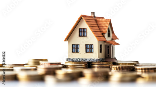miniature of house with stack of coins on transparency background PNG