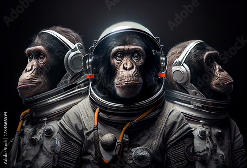Three chimpanzee astronauts AI generative. Generative AI