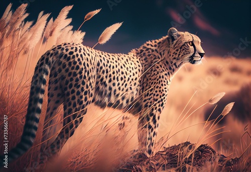 A cheetah stalks prey in the savannah. Digital art. Generative AI