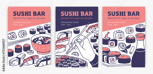 Sushi posters, flyers backgrounds set. Japanese food restaurant, vertical promo banner designs. Japan susi rolls, Asian bar, promotion advertising cards templates. Flat vector illustrations