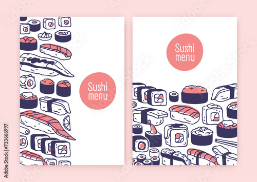 Japanese sushi, menu cover design. Japan food, Asian restaurant, vertical backgrounds, templates. Maki and rolls bar, oriental eastern susi posters, cards for typography. Flat vector illustration