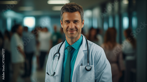 Portrait of a happy young doctor in uniform against the background of a medical team. The doctor smiles and looks at the camera. Background with bokeh effect. AI generative