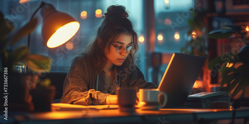 Young girl with glasses working alone on her laptop at nightfall.