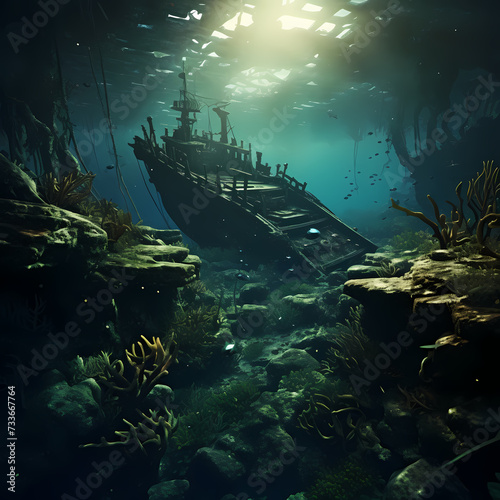 Underwater scene with a sunken shipwreck.