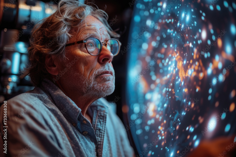 An elder male scientist peers with awe at a screen aglow with celestial patterns, reflecting the boundless curiosity of a seasoned astronomer. An elder male scientist peers with awe at a screen aglow with celestial patterns, reflecting the boundless curiosity of a seasoned astronomer.