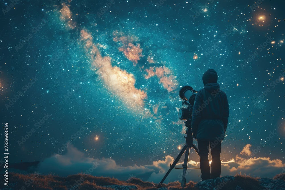Naklejka premium Under a twilight canopy, a telescope points towards an ethereal skyscape, inviting a glimpse into the cosmic ballet of reds, pinks, and blues.