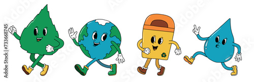 set of earth day retro cartoon elements of leaf, planet earth, recycling bin and drop of water with cute faces. Good for posters, stickers, prints, cards, banners, etc. EPS 10